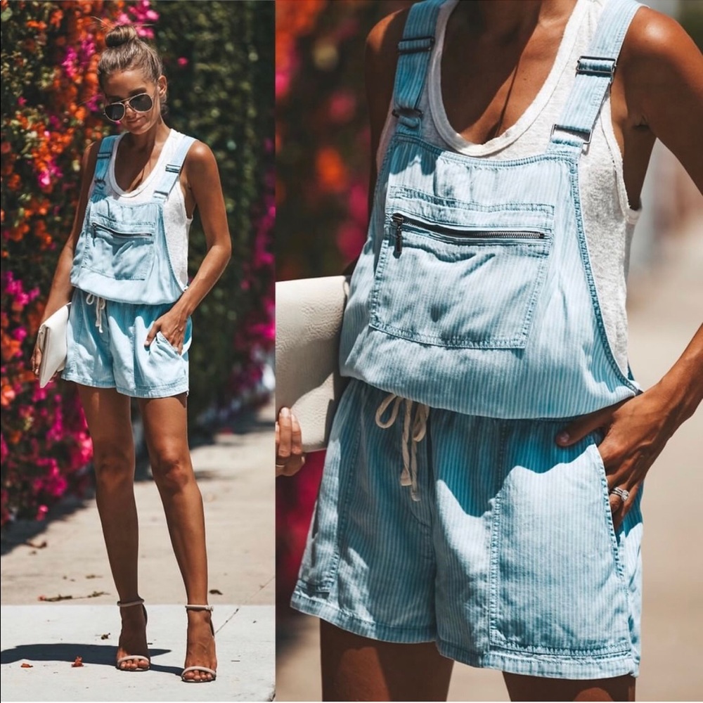 Light blue striped overall shorts